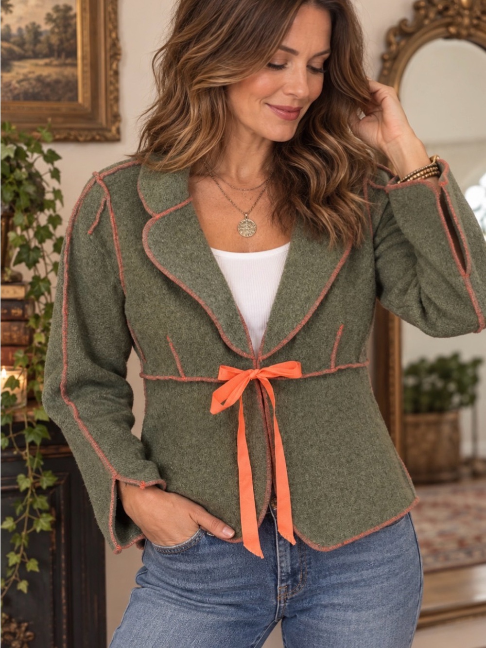 Beebop & Wally Olive Green Felt Knit Sweater Jacket. Size Small - Picture 1 of 5